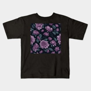 Pink Flower and Leaves Pattern on Black Kids T-Shirt